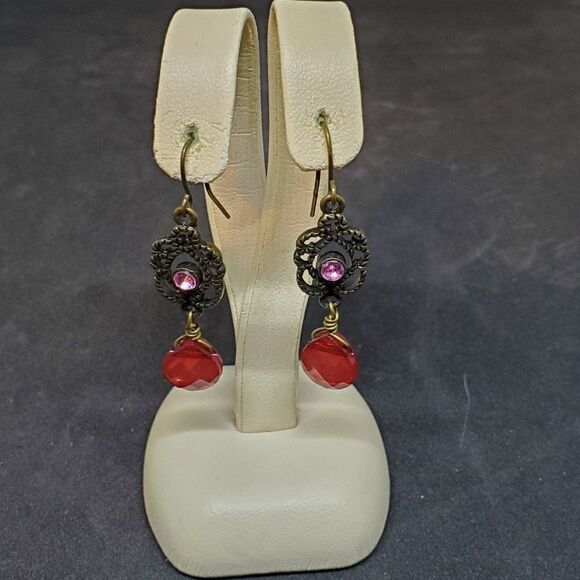 Pink & Gold Tone Dangling Hook Earrings - Picture 2 of 2